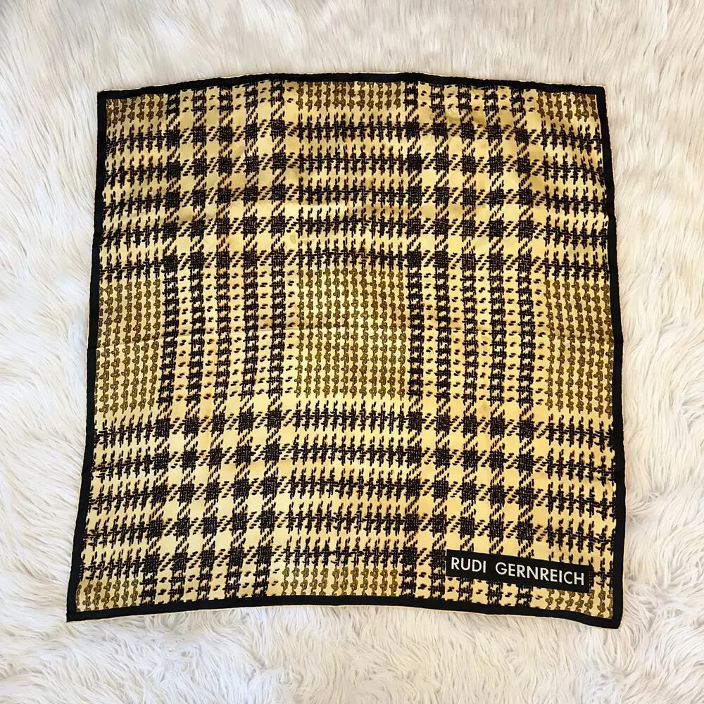 Rudi Gernreich Vintage 100% Silk Houndstooth Plaid Square Scarf Hand Rolled